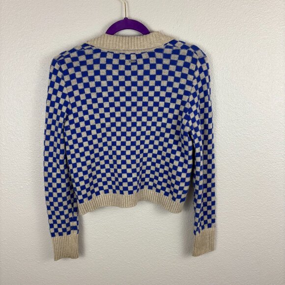 Ghanda Womens Blue & Cream Checkered Button Front Knit Cardigan Sweater Size S - Picture 3 of 10
